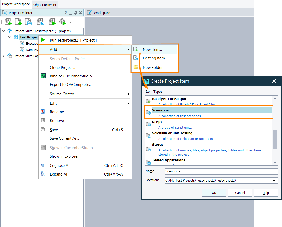 Creating the Scenarios project item Creating the Scenarios project item