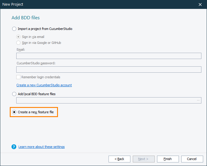 Create a new feature file from the New Project wizard Create a new feature file from the New Project wizard