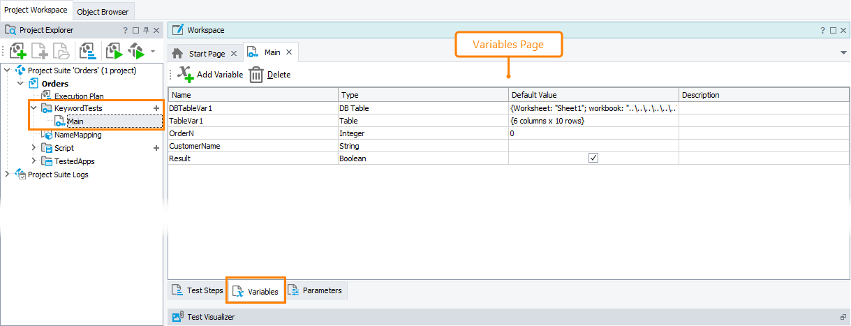 Variables Page of the Keyword Test Editor Variables page of the Keyword Test editor