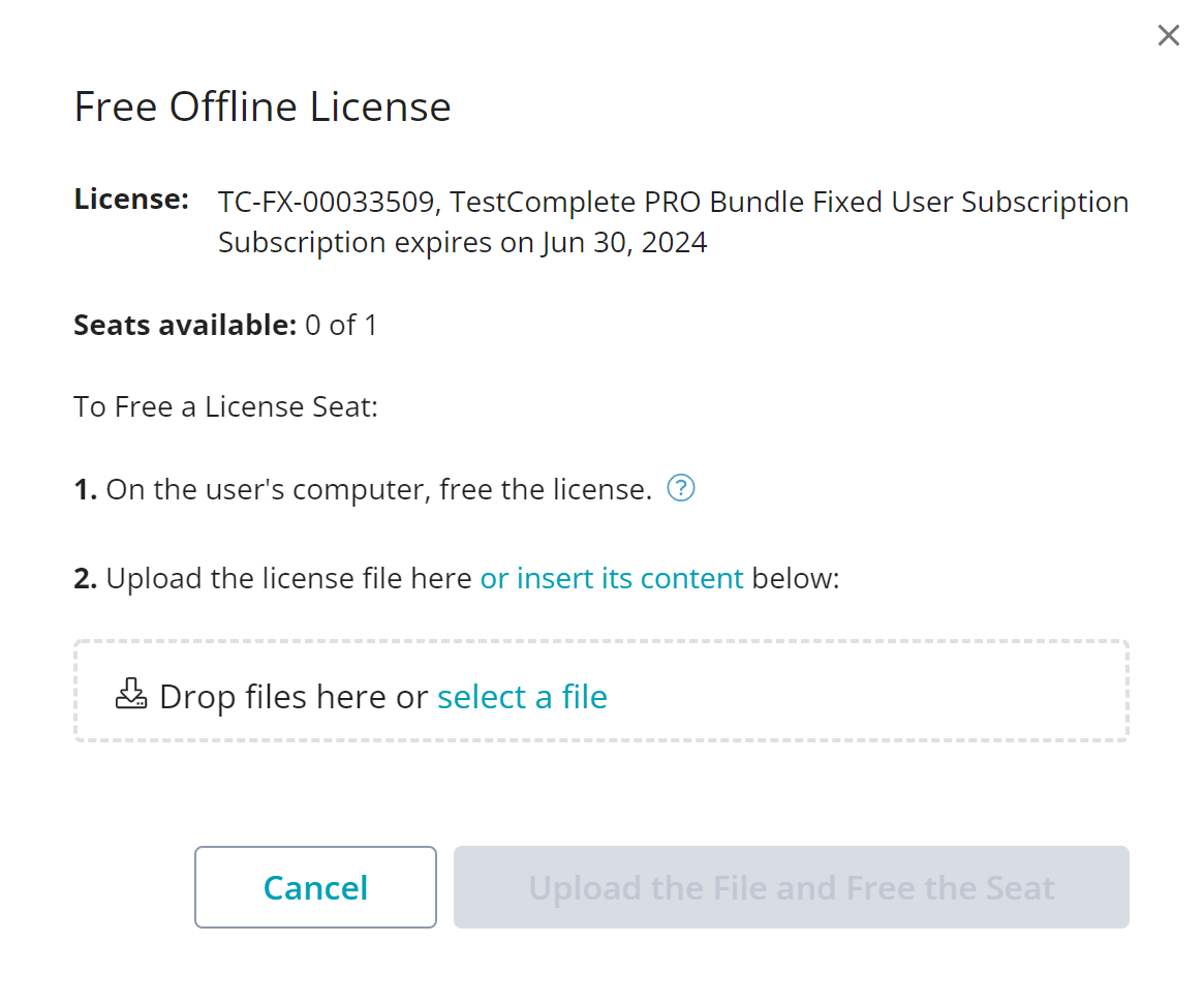The Free Offline License dialog