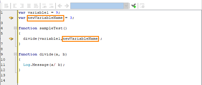 A script containing a renamed variable The script after renaming the variable