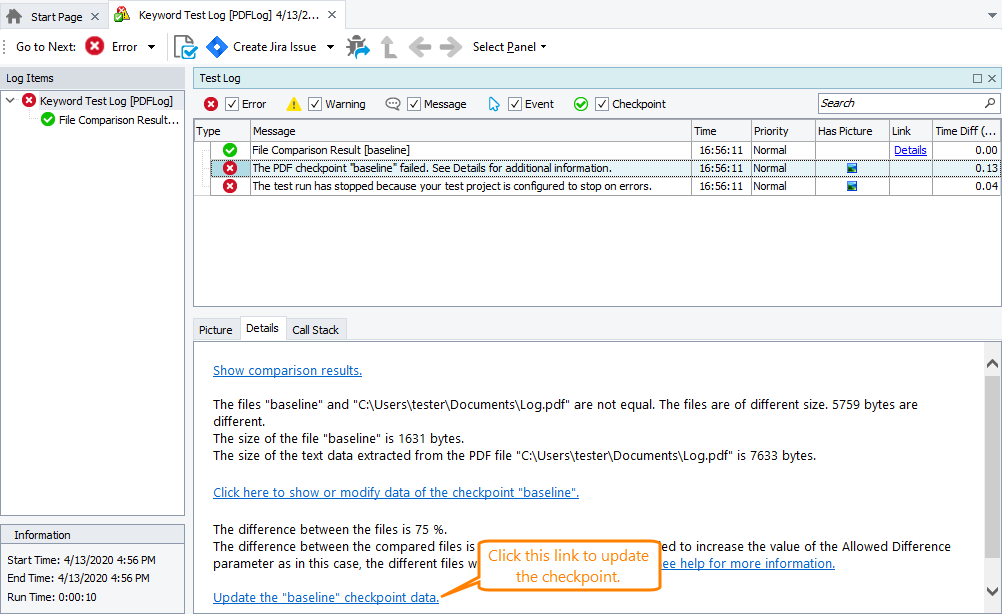Updating a PDF checkpoint from the test log Updating PDF checkpoint from the TestComplete test log