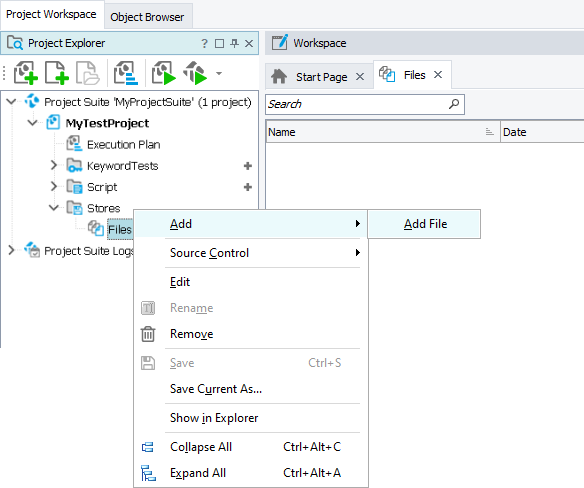 Adding a file to the Files collection Adding a file to the Files collection in the TestComplete project