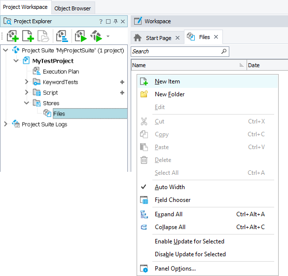Adding a file to the Files collection Adding a file to the Files collection in the TestComplete project