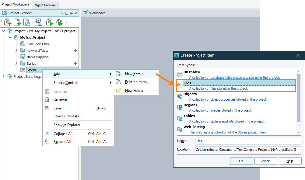 Add Files collection Add Files collection to a TestComplete project