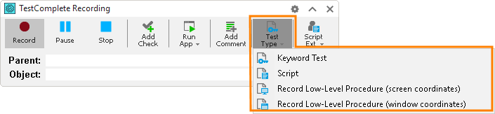 Selecting recorded test type