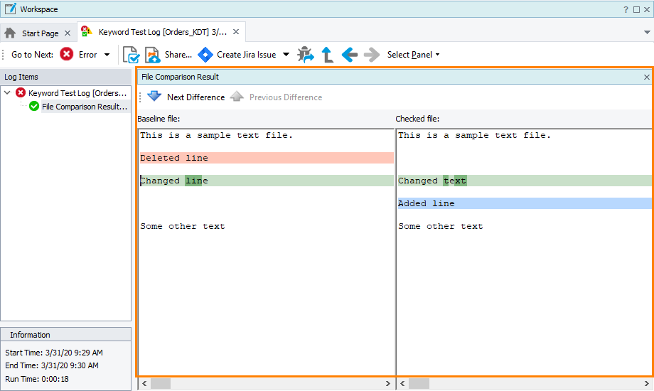 The File Comparison Results page The File Comparison Results page