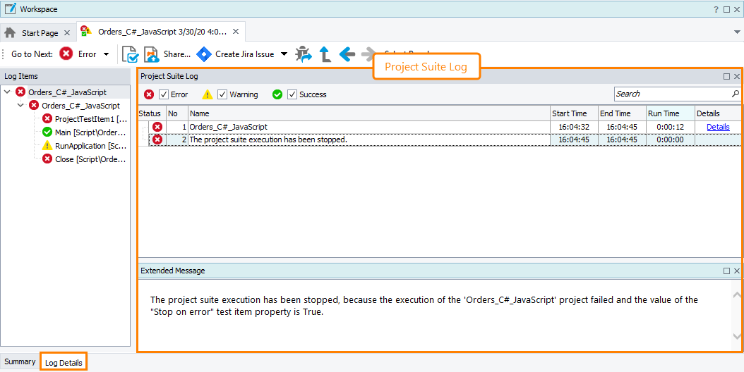 The Project Suite Log page The Project Suite Log page