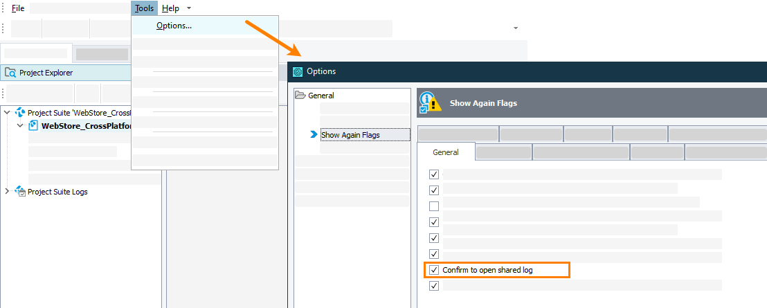 Configuring TestComplete to confirm opening shared logs Configuring TestComplete to confirm opening shared logs