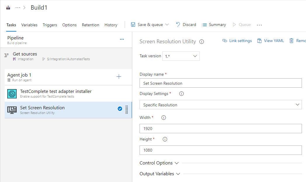 Configuring the Set Screen Resolution tests task TestComplete integration with Azure DevOps: Configuring the Set Screen Resolution tests task