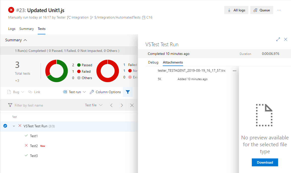 Test run results TestComplete integration with Azure DevOps: Test run results