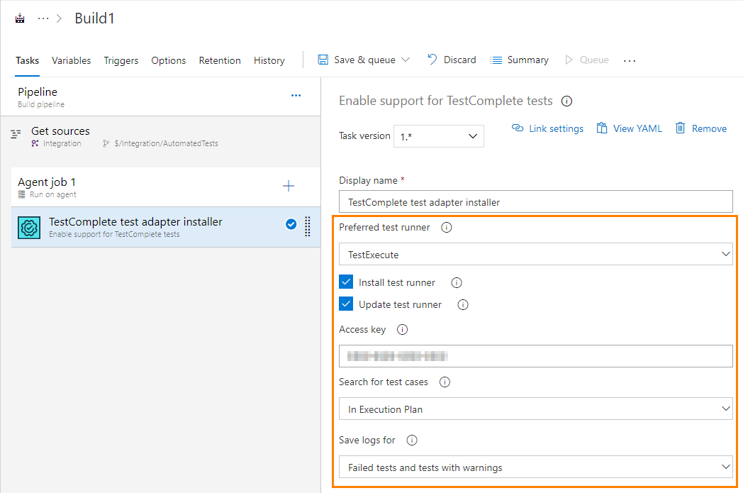 Configuring the Enable TestComplete tests task TestComplete integration with Azure DevOps: Configuring the Enable TestComplete tests task