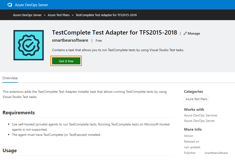 Getting the TestComplete test adapter extension TestComplete integration with Azure DevOps: Getting the TestComplete test adapter extension