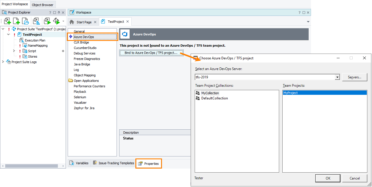Binding a TestComplete project and an Azure DevOps project TestComplete integration with Azure DevOps: Binding a TestComplete project and an Azure DevOps project
