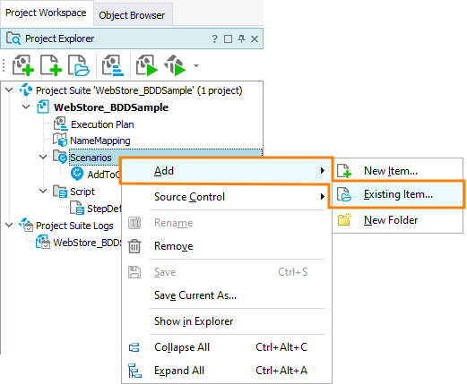 Add saved BDD scenarios to your TestComplete project Add saved BDD scenarios to your TestComplete project