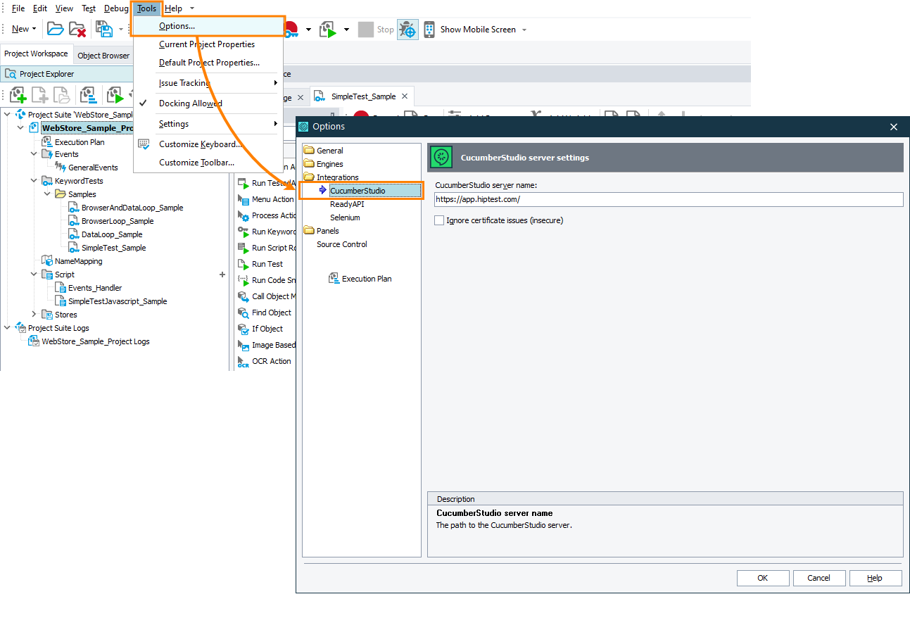 TestComplete CucumberStudio options TestComplete CucumberStudio options