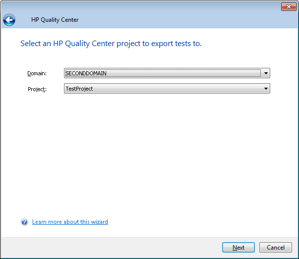 TestComplete Connector Wizard - Specifying Domain and Project TestComplete Connector Wizard - Specifying Domain and Project