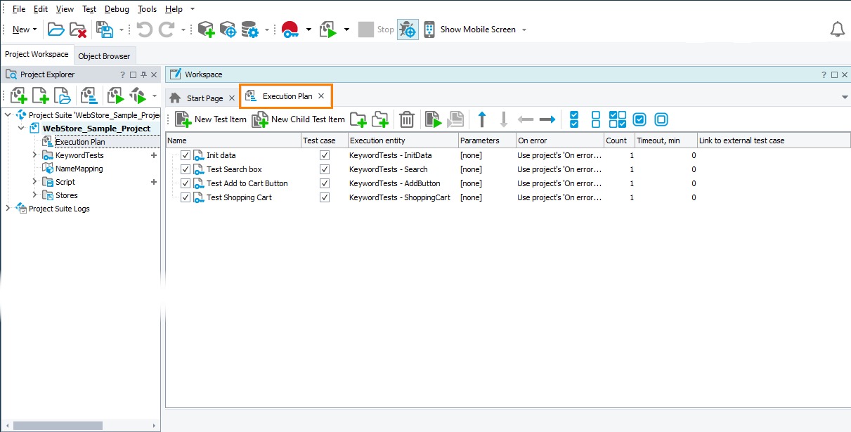 Test items of a TestComplete project Test items of a TestComplete project