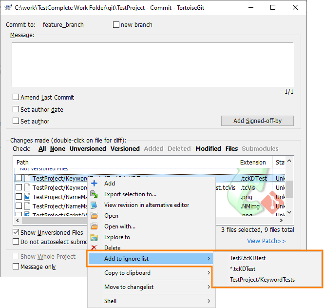 Adding a file to the ignore list via TortoiseGit Commit dialog Adding file to the ignore list via TortoiseGit Commit dialog