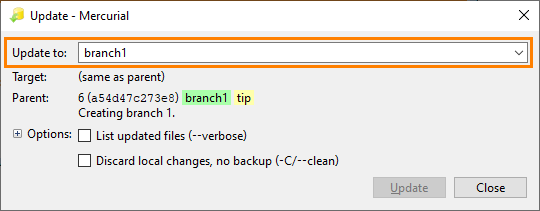 Switching Between Branches in the TortoiseHg Update Dialog Switching Between Branches in TortoiseHg Update Dialog