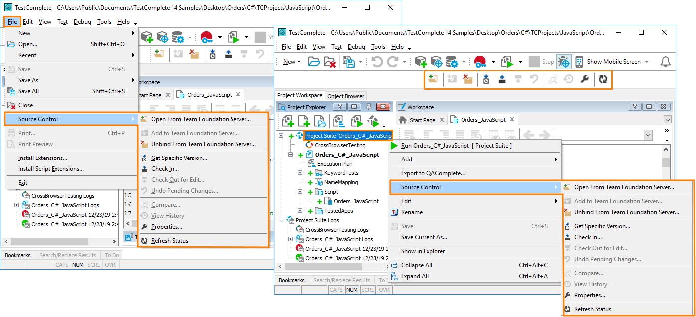The menu and toolbar for TFVC systems The menu and toolbar for TFVC systems