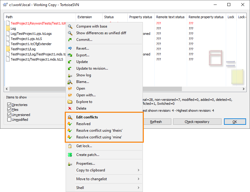 Resolving Conflicts via TortoiseSVN Check for Modofications Dialog Resolving Conflicts via TortoiseSVN Check for Modofications Dialog
