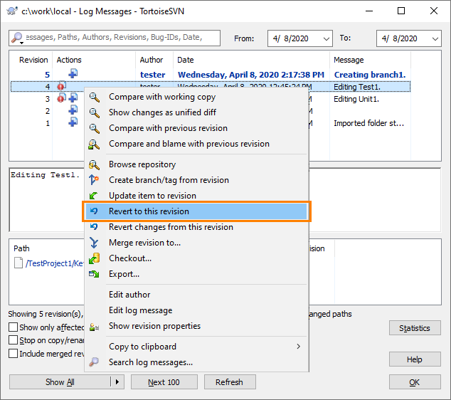 Reverting Changes in the TortoiseSVN Log Messages Dialog Reverting Changes in the TortoiseSVN Log Messages Dialog