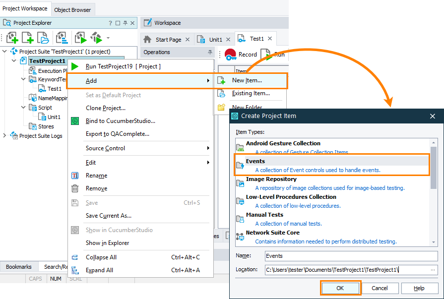 Adding the Events project item Adding the Events project item