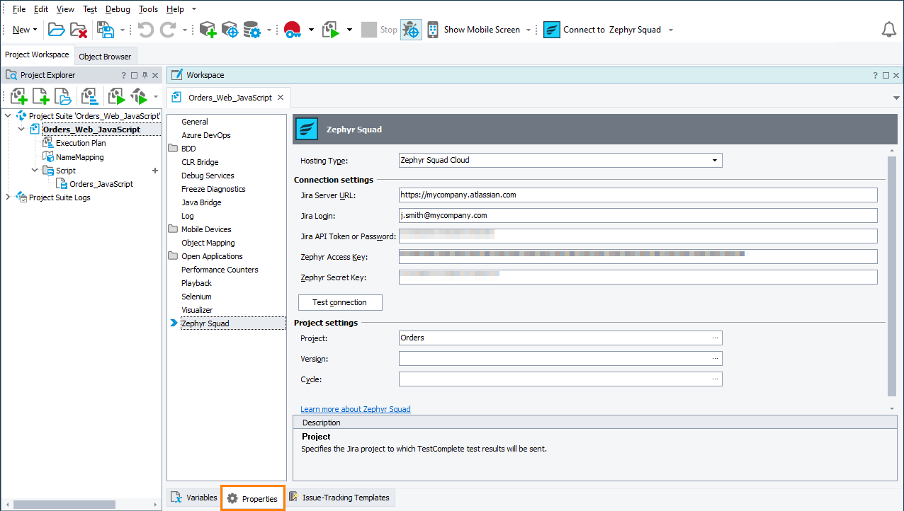 Binding a TestComplete project to Zephyr Squad Connecting TestComplete project to Zephyr Squad