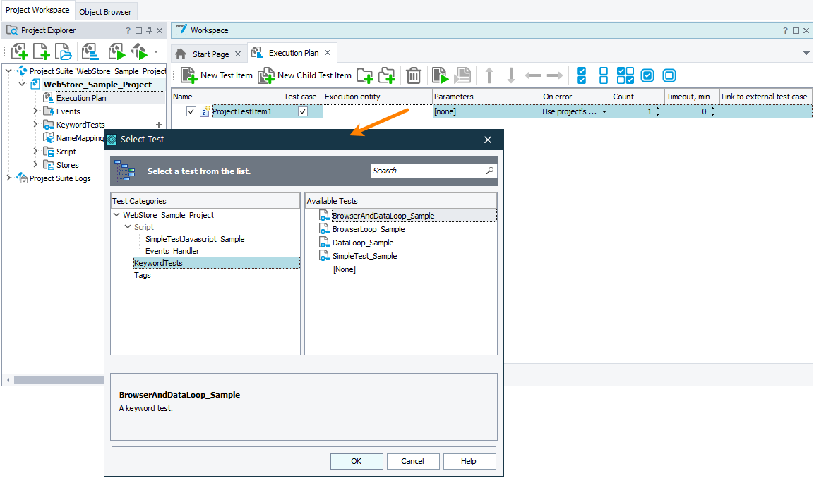 Selecting a test that a test item will run Selecting a test that a test item will run