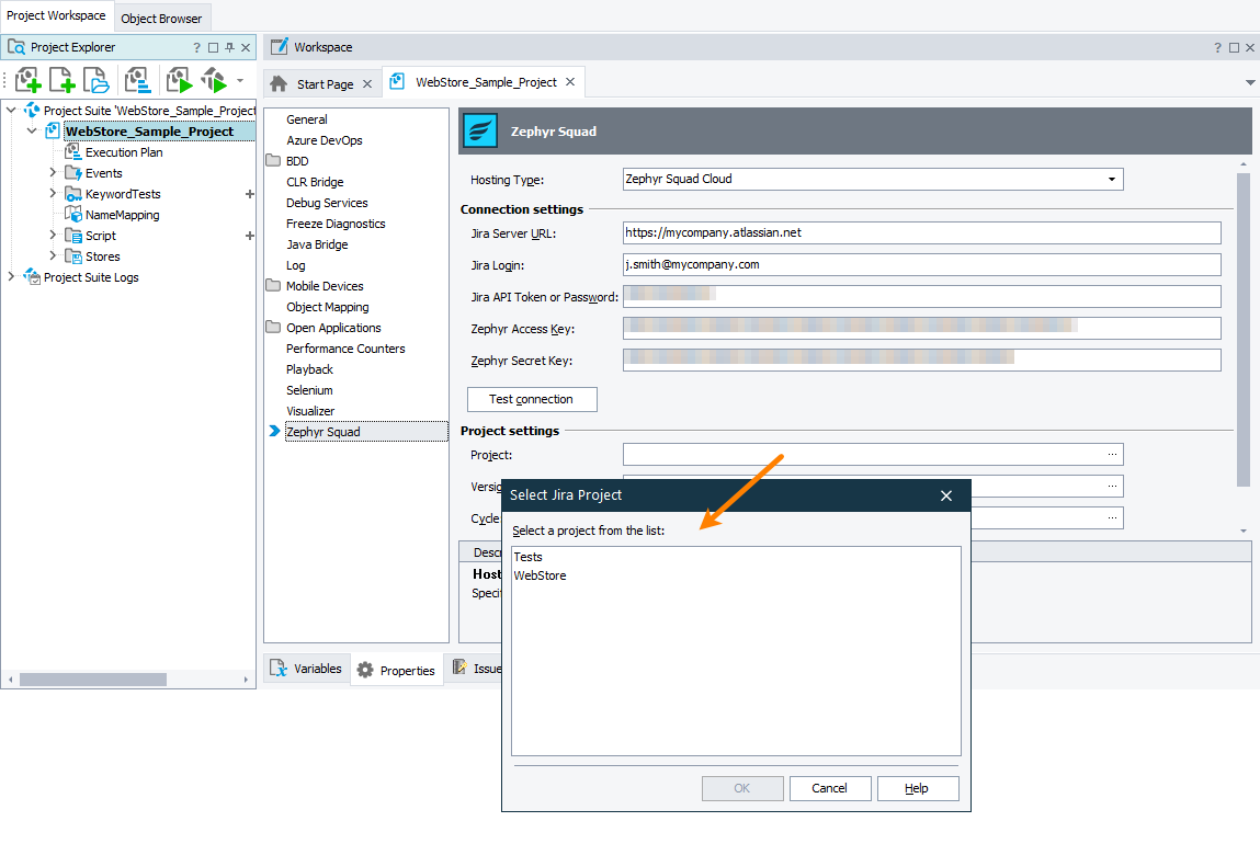 Selecting a Jira project Selecting a Jira project