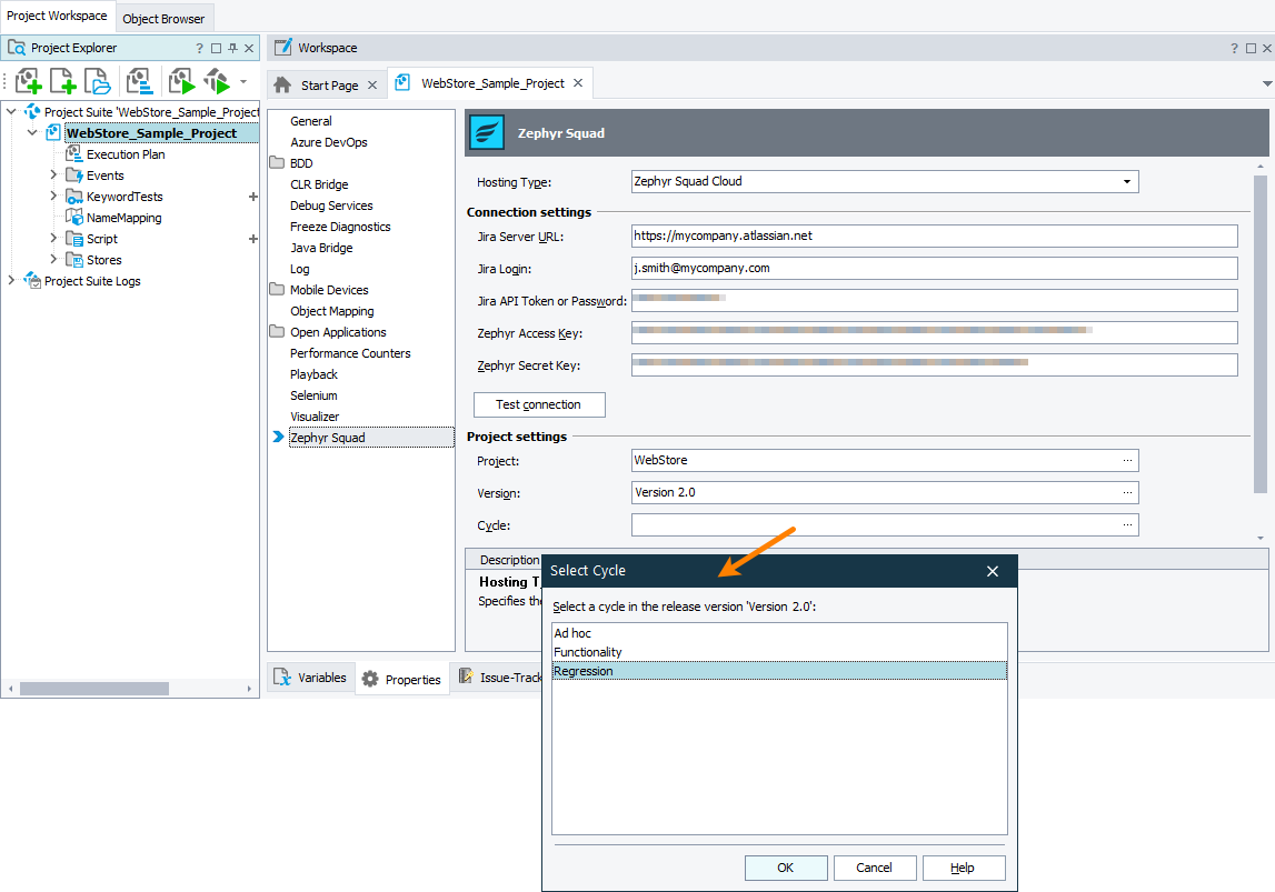 Selecting a Jira project’s test cycle Selecting a Jira project’s test cycle