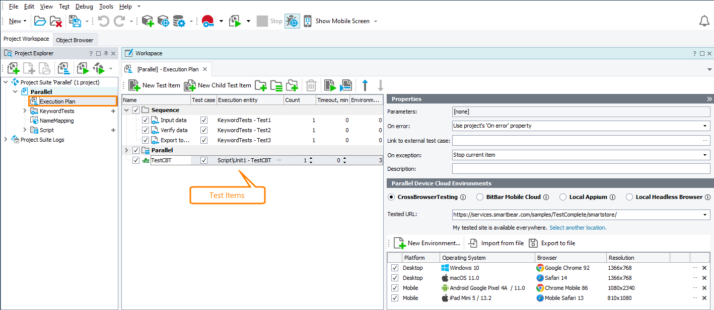 The Test Item List panel The Test Item List panel