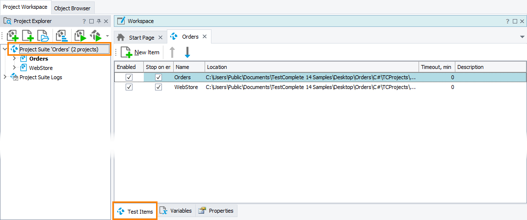 Project Suite - Test Items page Project Suite - Test Items page