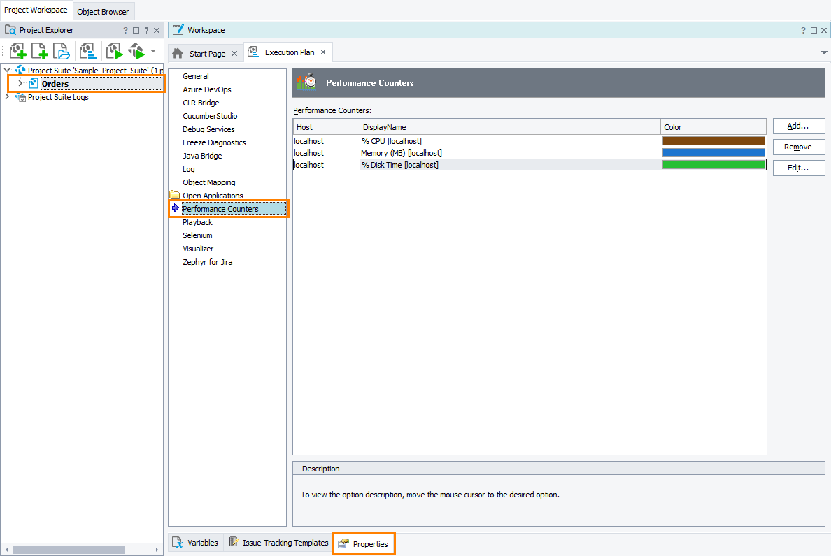 TestComplete Project Properties - Performance Counters TestComplete Project Properties - Performance Counters