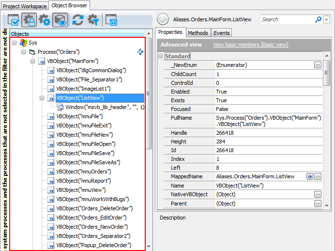 A view of a Visual Basic application in the object tree A view of a Visual Basic application in the object tree