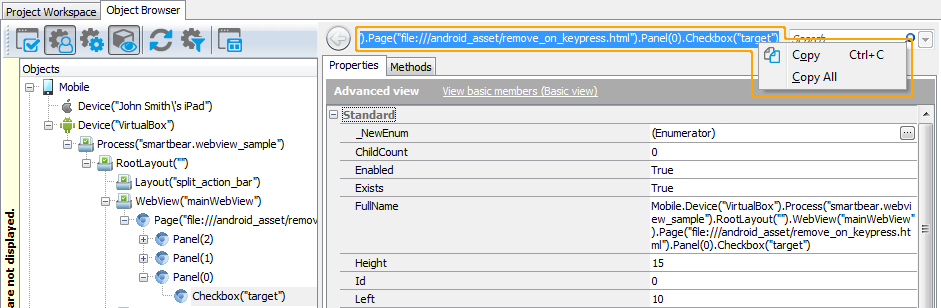 Hybrid mobile application testing with TestComplete: Copying an object name from the Object Browser Hybrid mobile application testing with TestComplete: Copying object name from the Object Browser
