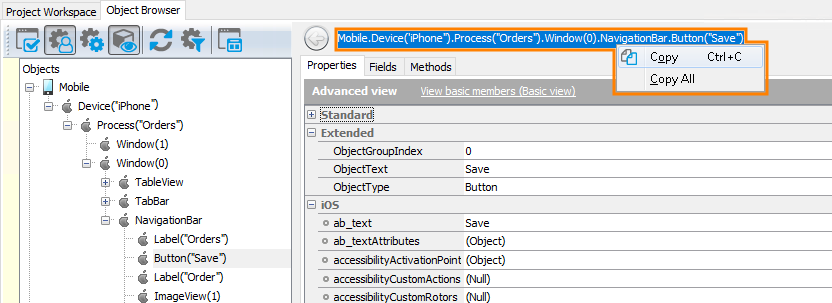 iOS testing: Copying object name from the Object Browser iOS testing: Copying object name from the Object Browser