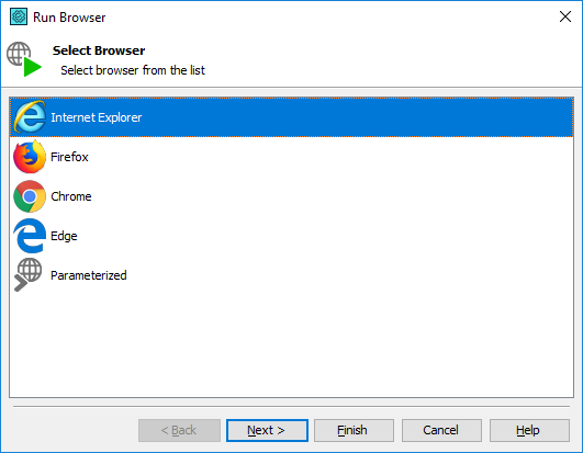 Run Browser wizard: selecting a browser Run Browser wizard: selecting browser