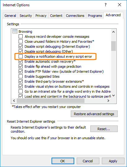 Internet Explorer settings: Advanced Internet Explorer settings: Advanced