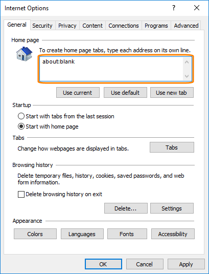 Internet Explorer settings: Home page Internet Explorer settings: Home page