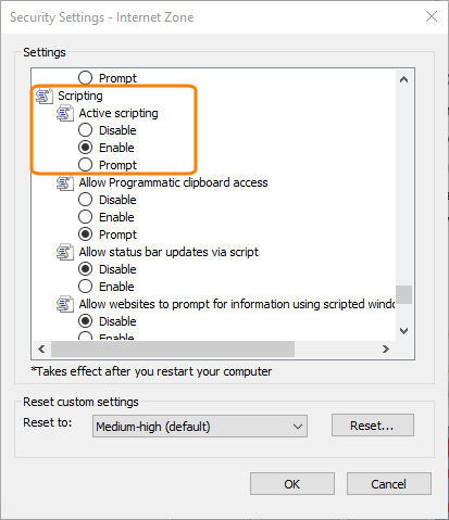 Internet Explorer settings: Active Scripting Internet Explorer settings: Active Scripting