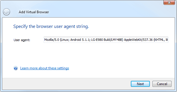Add Virtual Browser wizard: User agent Add Virtual Browser wizard: User agent