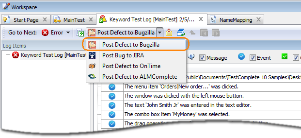 TestComplete Test Log: the Post Defect to Bugzilla menu item TestComplete Test Log: the Post Defect to Bugzilla menu item