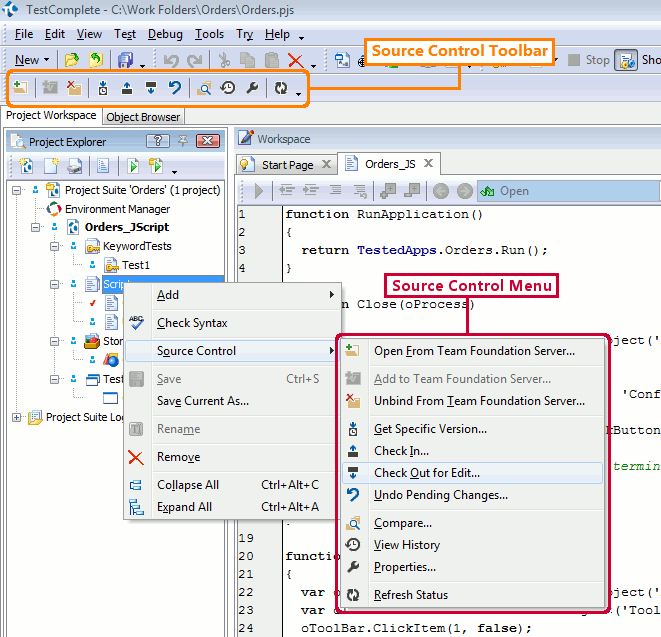 Source control menu Source control menu