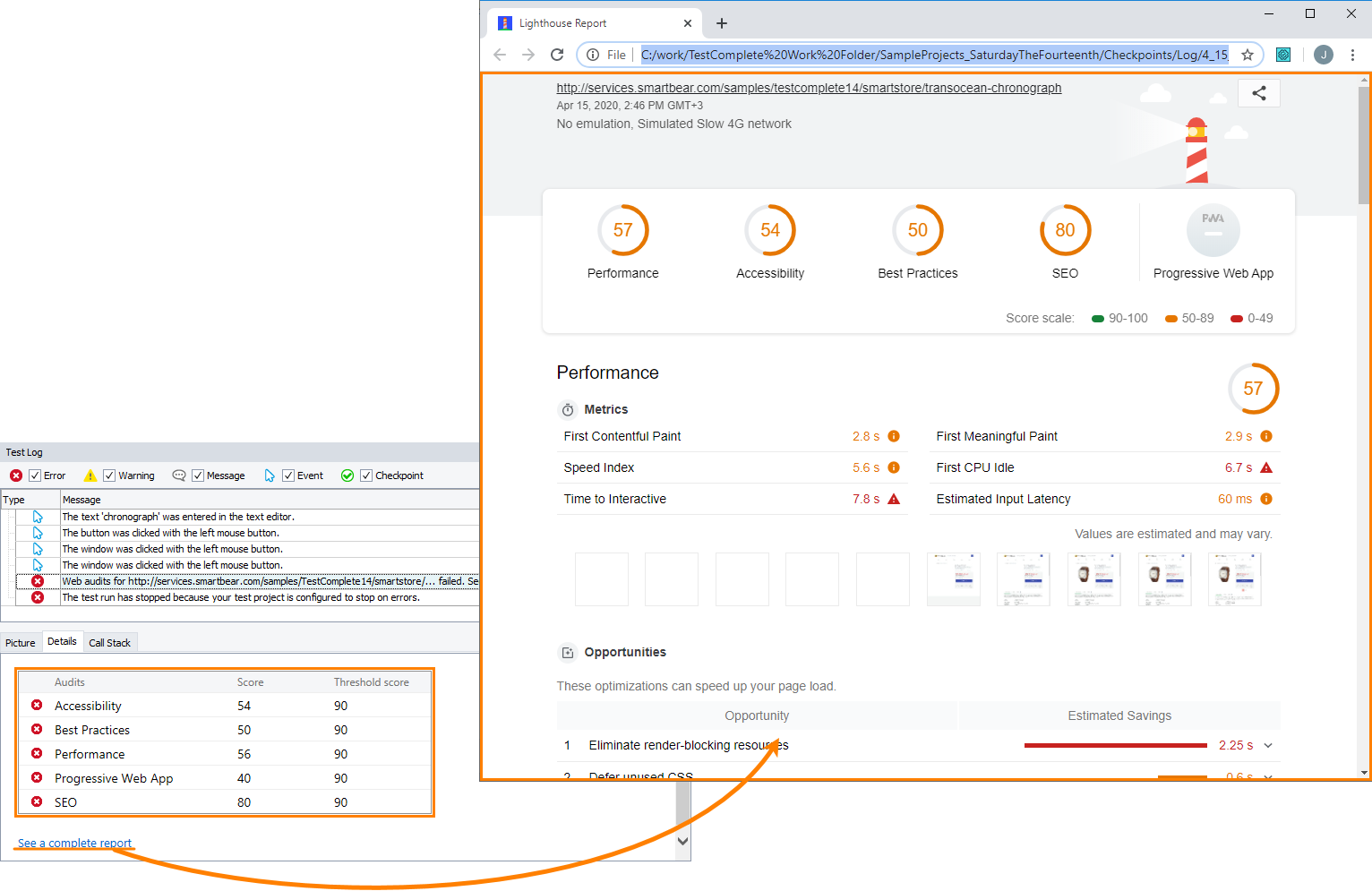 The test log result for the Web Audits checkpoint The test log result for the Web Audits checkpoint