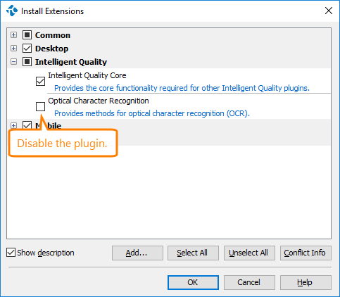 Disable the Intelligent Quality > Optical Character Recognition plugin Disable the Intelligent Quility > Optical Character Recognition plugin
