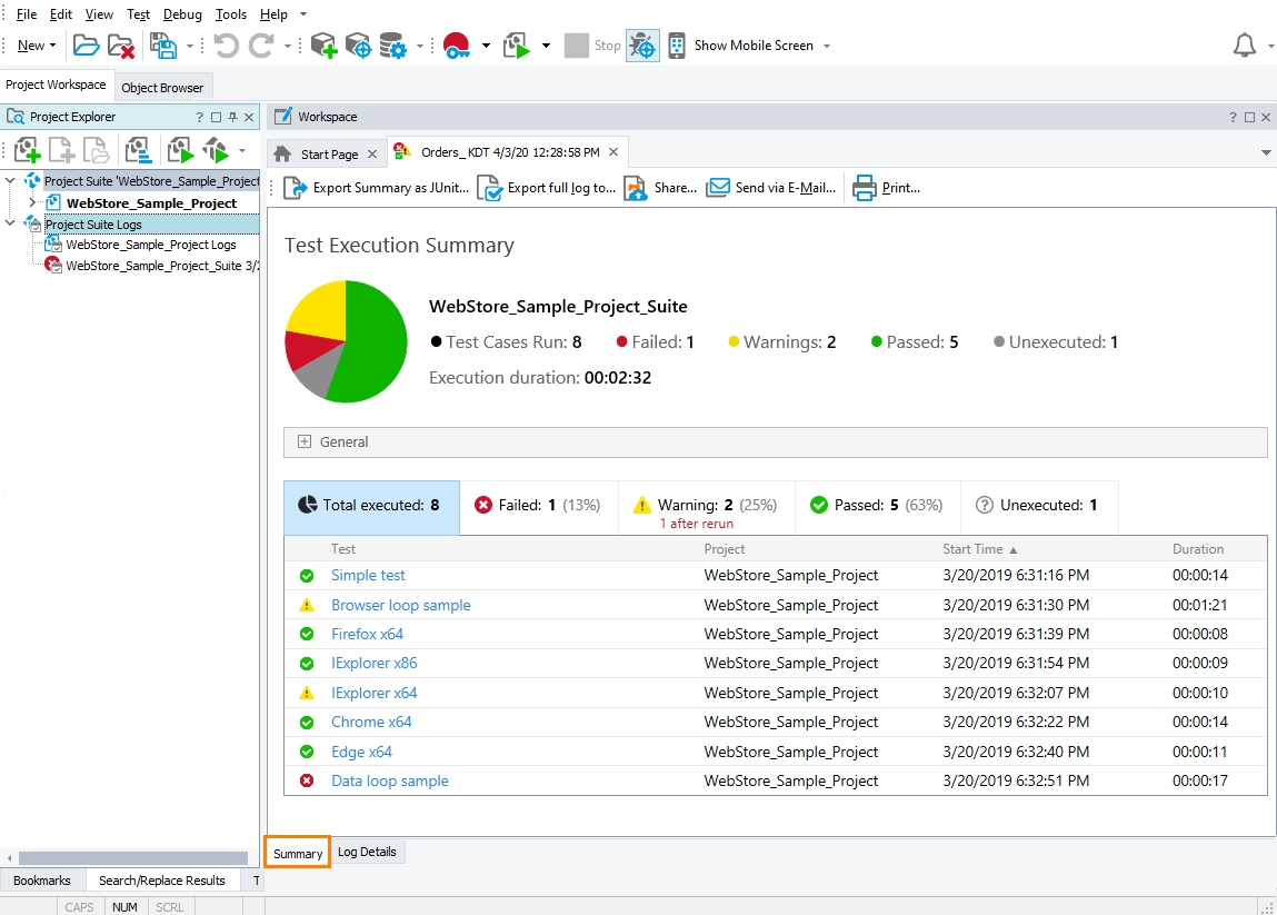 Summary report of a TestComplete test run Summary report of TestComplete test run