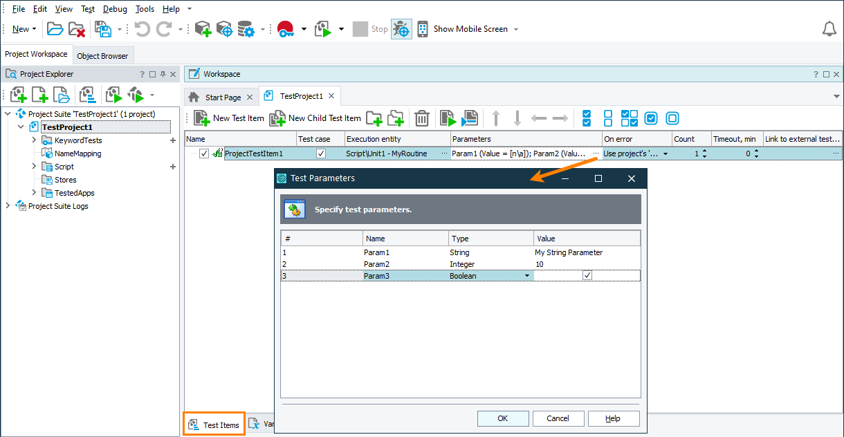Specify routine parameter values in the Test Parameters dialog Specify routine parameter values in the Test Parameters dialog