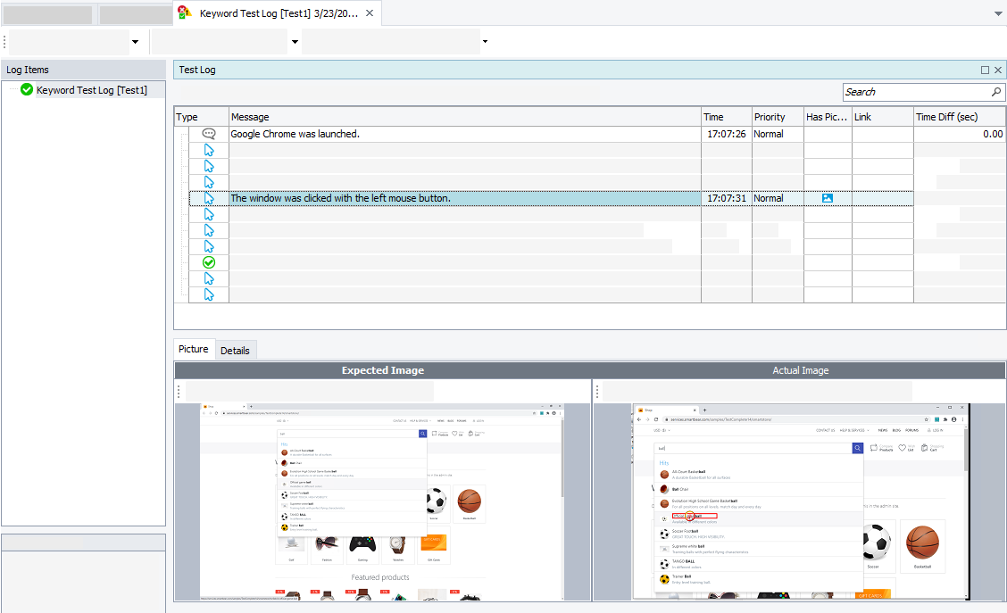 The sample test log Getting Started with TestComplete (Web): The sample test log